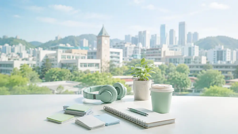 香港校园窗景旁的耳机、笔记本和语言学习卡片